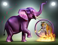 purple_elephant_with_a_tiger_jumping_over_a_flaming_hoop_while_a_tiger_is_jumpin