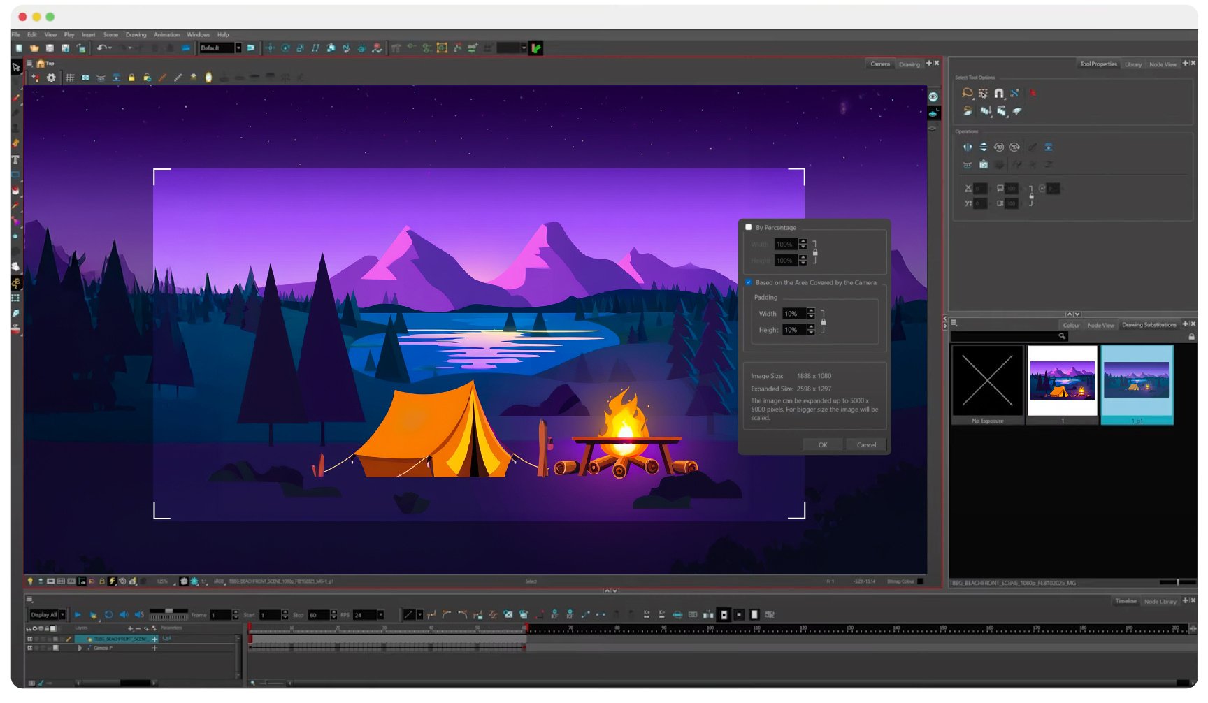 An after image show a larger a cartoon campground where Bria's AI expansion API expanded