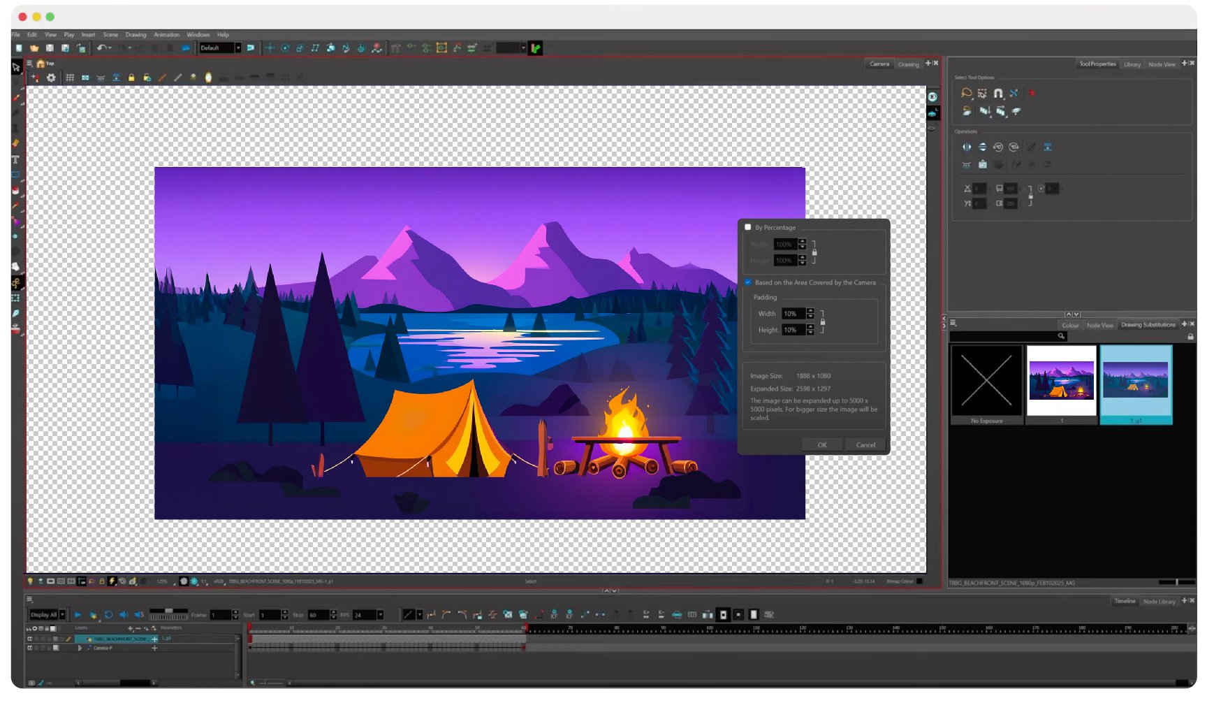 A before image of a cartoon campground. The edges are grey and un-rendered showing where Bria's AI expansion API will expand the scene.